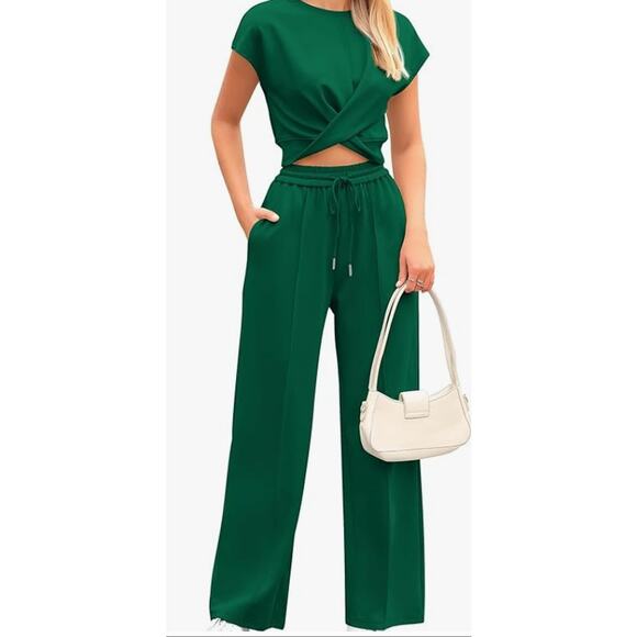 Women's 2Piece Outfits Tracksuit Twist Front Crop Tops Wide Leg SIZE LARGE - Picture 3 of 6